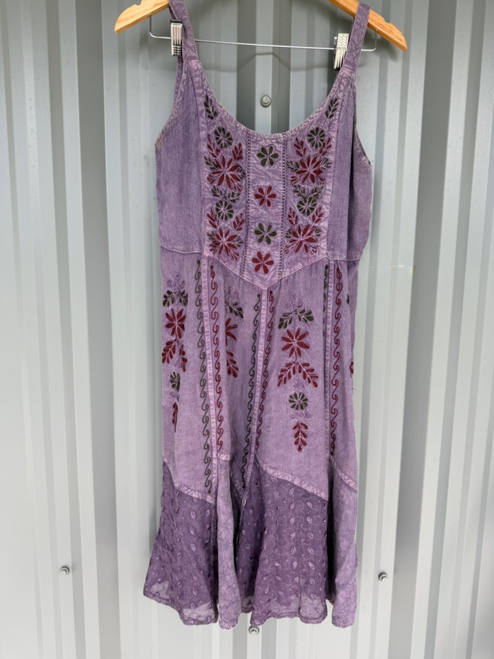 Shoreline Purple Embroidered Boho Midi Dress Free Size Acid Wash Floral